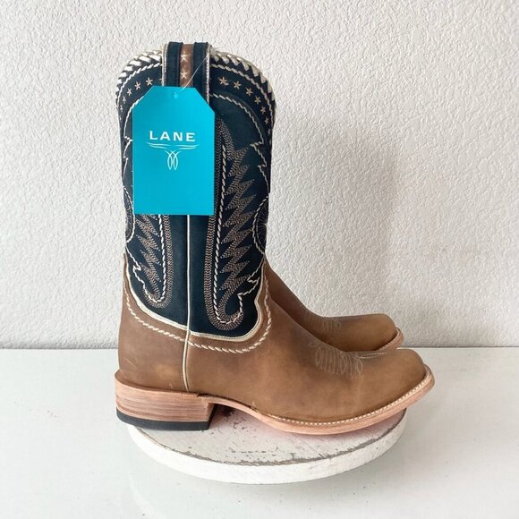 Lane RODEO HOUSTON Mens Cowboy Boots 12.5B Brown Navy Leather Western Blunt Toe - Picture 2 of 11